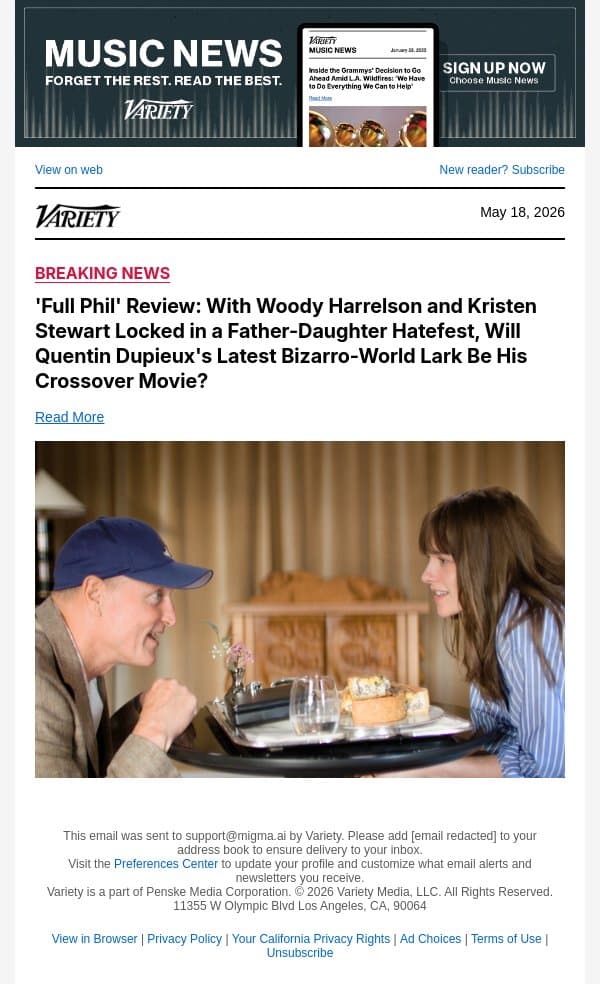 'Full Phil' Review: With Woody Harrelson and Kristen Stewart Locked in a Father-Daughter Hatefest, Will Quentin Dupieux's Latest Bizarro-World Lark Be His Crossover Movie? email from Variety screenshot