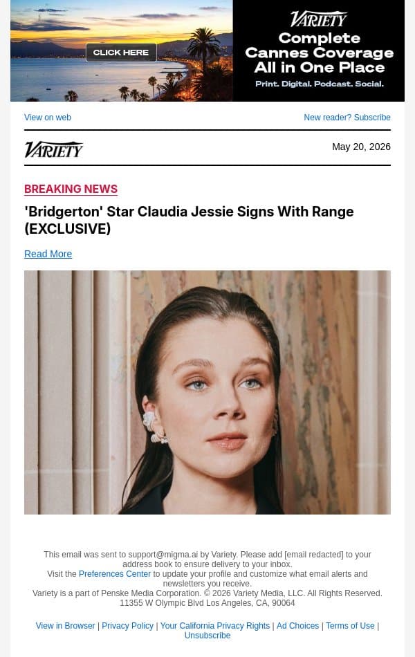 'Bridgerton' Star Claudia Jessie Signs With Range (EXCLUSIVE) email from Variety screenshot