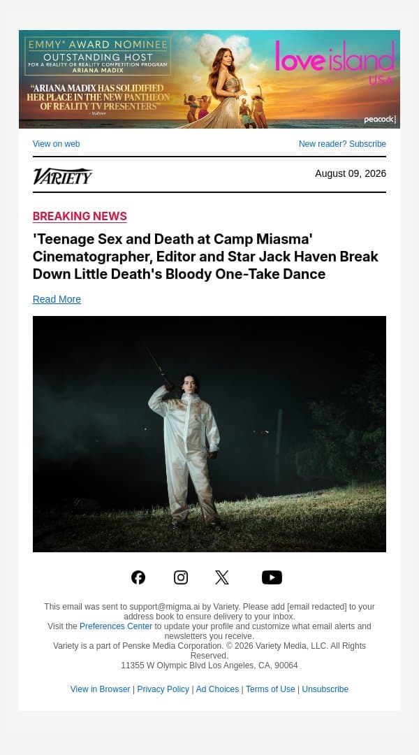 'Teenage Sex and Death at Camp Miasma' Cinematographer, Editor and Star Jack Haven Break Down Little Death's Bloody One-Take Dance email from Variety screenshot