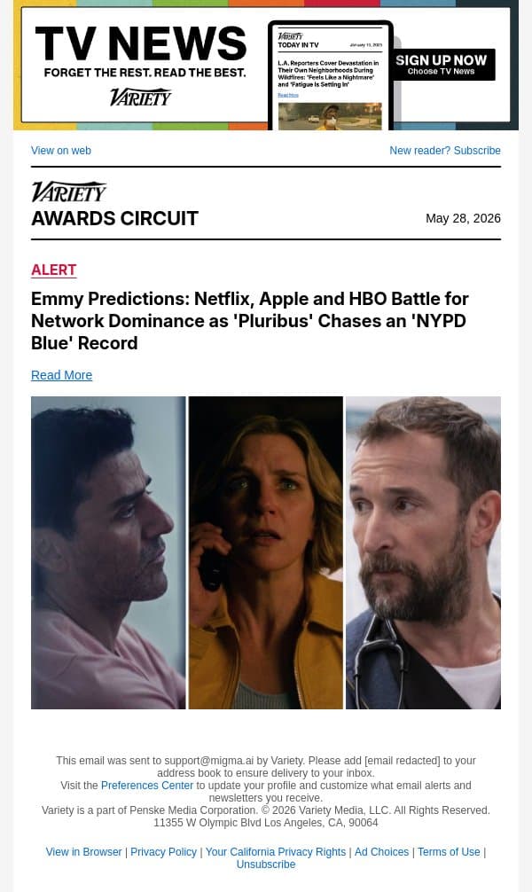 Emmy Predictions: Netflix, Apple and HBO Battle for Network Dominance as 'Pluribus' Chases an 'NYPD Blue' Record email from Variety screenshot