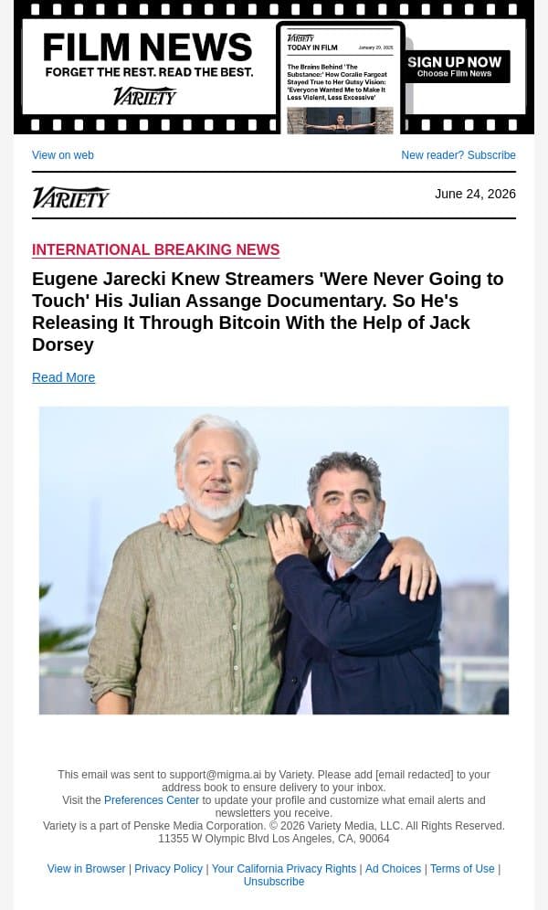Eugene Jarecki Knew Streamers 'Were Never Going to Touch' His Julian Assange Documentary. So He's Releasing It Through Bitcoin With the Help of Jack Dorsey email from Variety screenshot