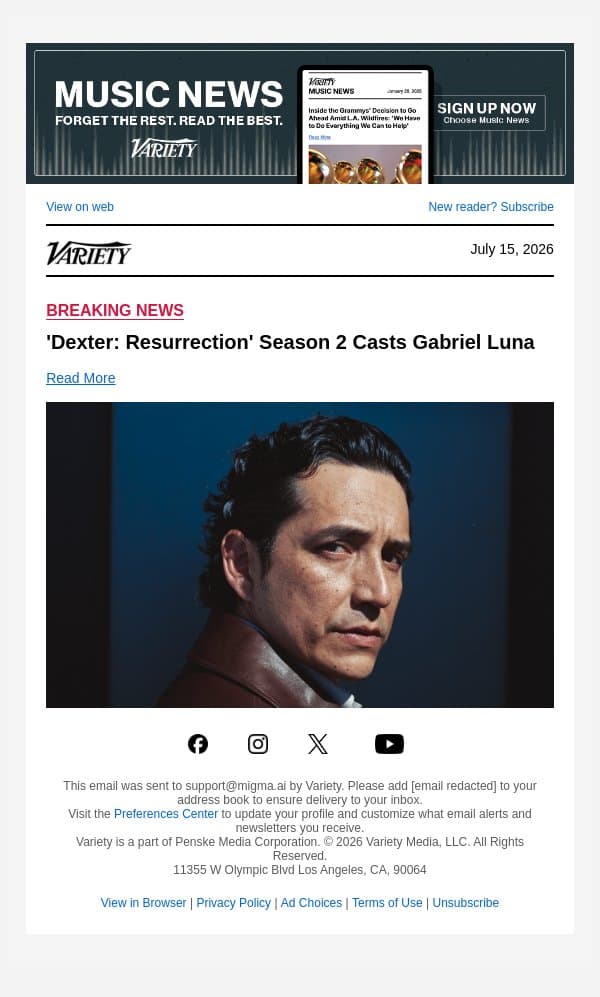'Dexter: Resurrection' Season 2 Casts Gabriel Luna email from Variety screenshot