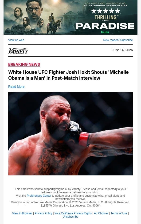 White House UFC Fighter Josh Hokit Shouts 'Michelle Obama Is a Man' in Post-Match Interview email from Variety screenshot