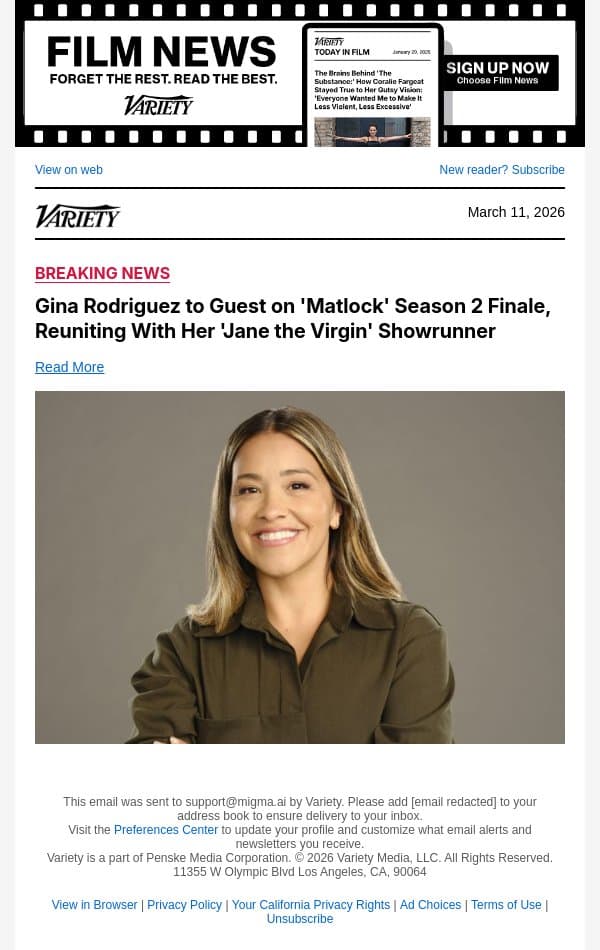 Gina Rodriguez to Guest on 'Matlock' Season 2 Finale, Reuniting With Her 'Jane the Virgin' Showrunner email from Variety screenshot