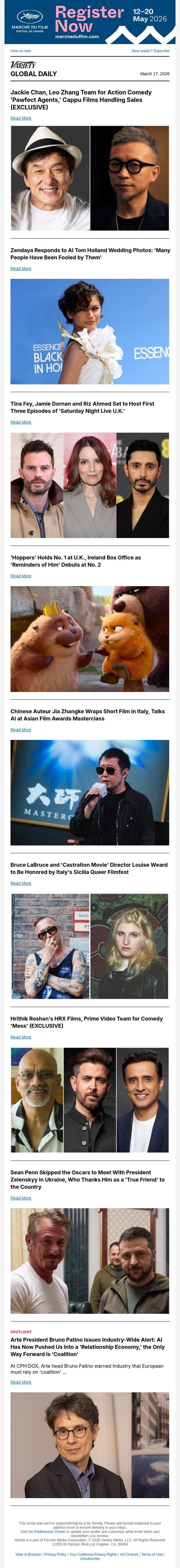 Jackie Chan's Next Film; Zendaya on AI Wedding Photos; 'SNL U.K.' Reveals Hosts email from Variety screenshot