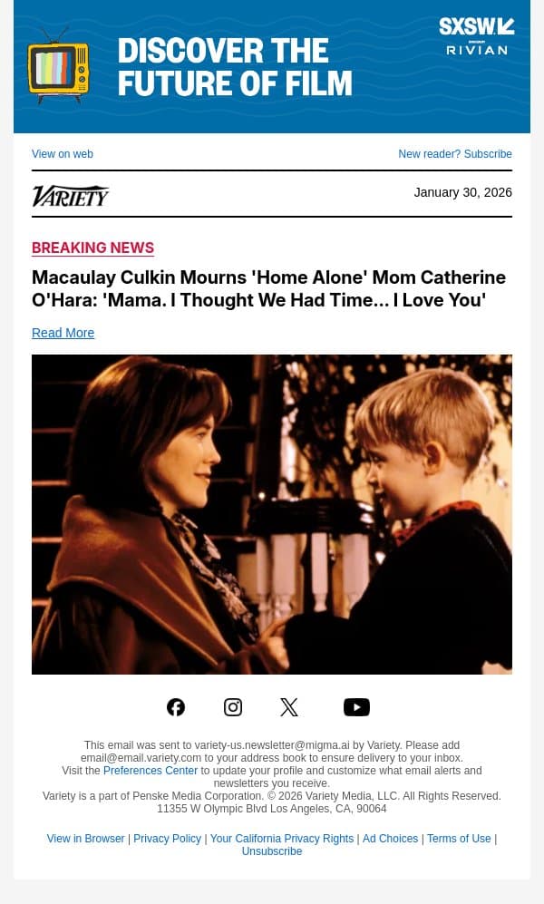 Macaulay Culkin Mourns 'Home Alone' Mom Catherine O'Hara: 'Mama. I Thought We Had Time… I Love You' email from Variety screenshot