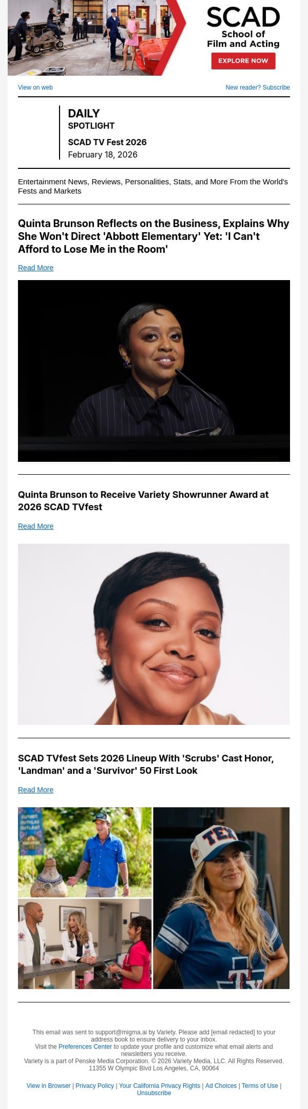 Quinta Brunson Reflects on the Business, Explains Why She Won't Direct 'Abbott Elementary' Yet: 'I Can't Afford to Lose Me in the Room' email from Variety screenshot