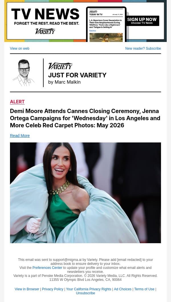 Demi Moore Attends Cannes Closing Ceremony, Jenna Ortega Campaigns for 'Wednesday' in Los Angeles and More Celeb Red Carpet Photos: May 2026 email from Variety screenshot