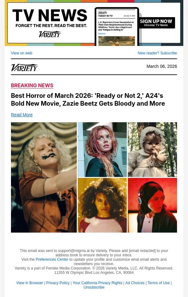 Best Horror of March 2026: 'Ready or Not 2,' A24's Bold New Movie, Zazie Beetz Gets Bloody and More email from Variety screenshot