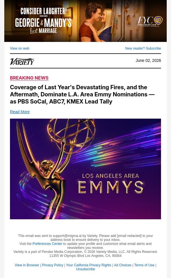 Coverage of Last Year's Devastating Fires, and the Aftermath, Dominate L.A. Area Emmy Nominations — as PBS SoCal, ABC7, KMEX Lead Tally email from Variety screenshot