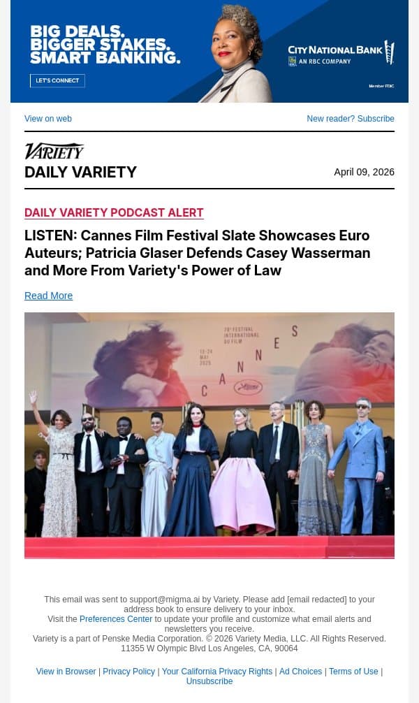 LISTEN: Cannes Film Festival Slate Showcases Euro Auteurs; Patricia Glaser Defends Casey Wasserman and More From Variety's Power of Law email from Variety screenshot