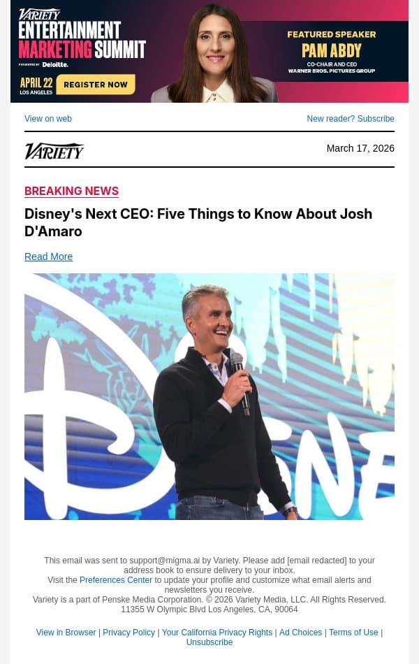 Disney's Next CEO: Five Things to Know About Josh D'Amaro email from Variety screenshot