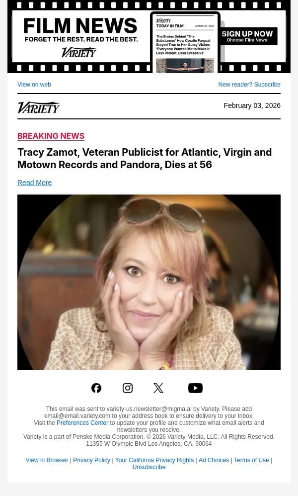 Tracy Zamot, Veteran Publicist for Atlantic, Virgin and Motown Records and Pandora, Dies at 56 email from Variety screenshot