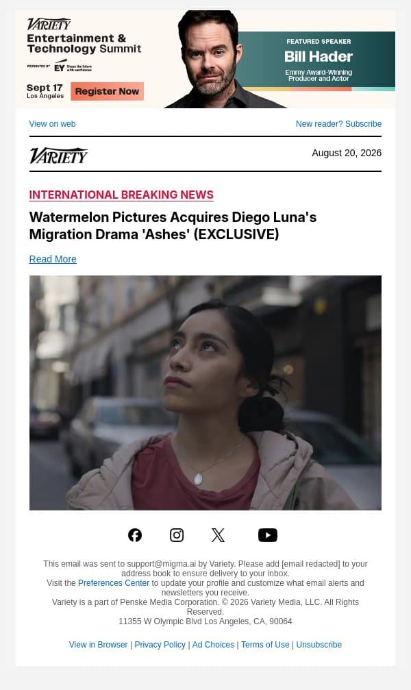 Watermelon Pictures Acquires Diego Luna's Migration Drama 'Ashes' (EXCLUSIVE) email from Variety screenshot