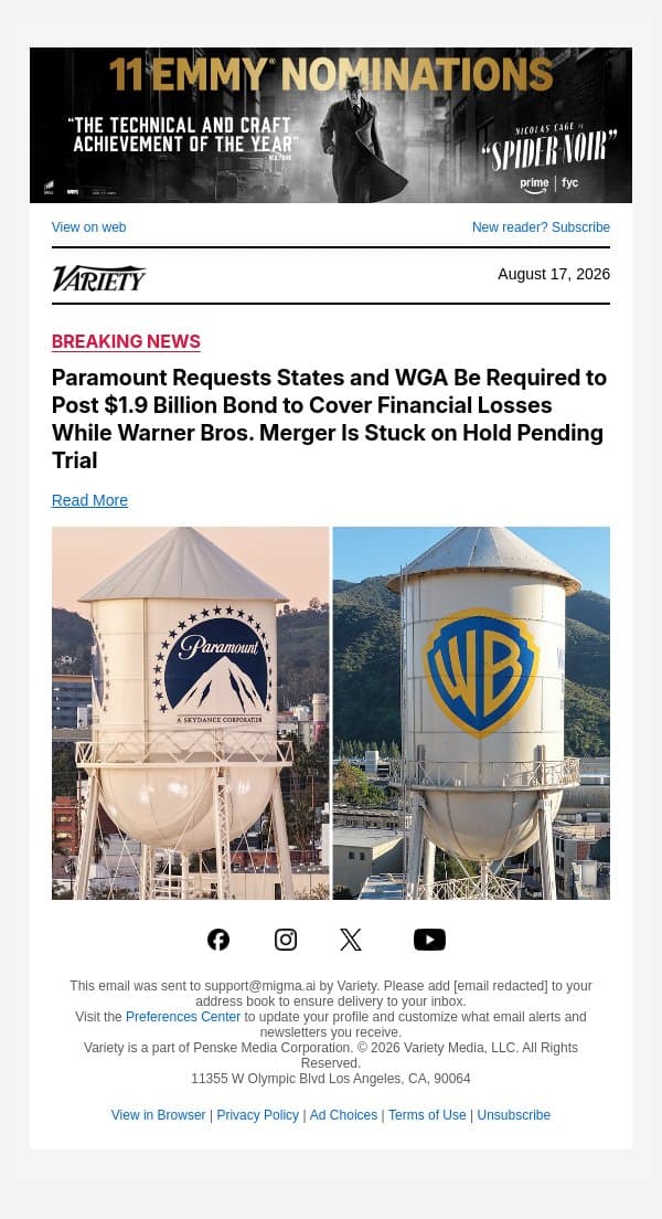 Paramount Requests States and WGA Be Required to Post $1.9 Billion Bond to Cover Financial Losses While Warner Bros. Merger Is Stuck on Hold Pending Trial email from Variety screenshot