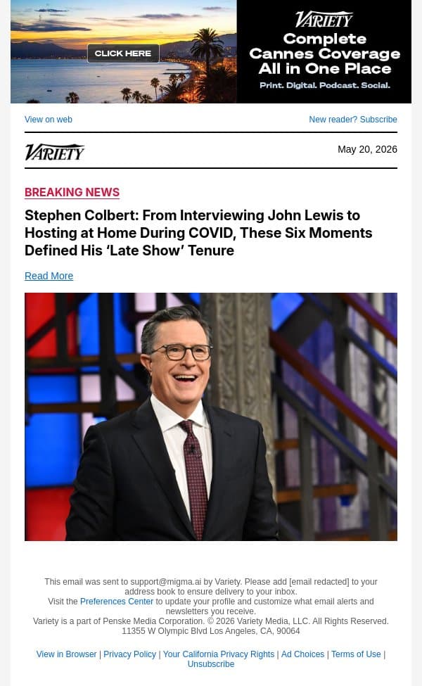Stephen Colbert: From Interviewing John Lewis to Hosting at Home During COVID, These Six Moments Defined His ‘Late Show’ Tenure email from Variety screenshot