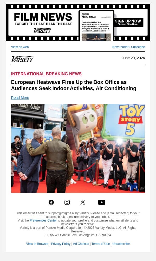 European Heatwave Fires Up the Box Office as Audiences Seek Indoor Activities, Air Conditioning email from Variety screenshot