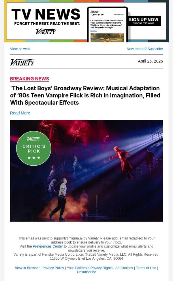 'The Lost Boys' Broadway Review: Musical Adaptation of ‘80s Teen Vampire Flick is Rich in Imagination, Filled With Spectacular Effects email from Variety screenshot