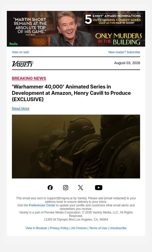 'Warhammer 40,000' Animated Series in Development at Amazon, Henry Cavill to Produce (EXCLUSIVE) email from Variety screenshot