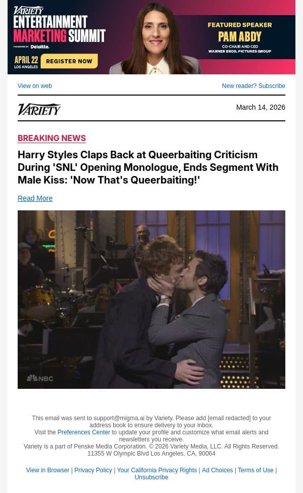 Harry Styles Claps Back at Queerbaiting Criticism During 'SNL' Opening Monologue, Ends Segment With Male Kiss: 'Now That's Queerbaiting!' email from Variety screenshot