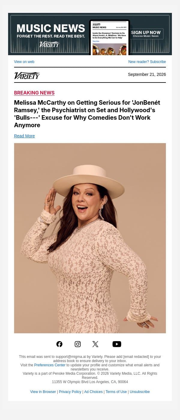 Melissa McCarthy on Getting Serious for 'JonBenét Ramsey,' the Psychiatrist on Set and Hollywood's 'Bulls---' Excuse for Why Comedies Don't Work Anymore email from Variety screenshot