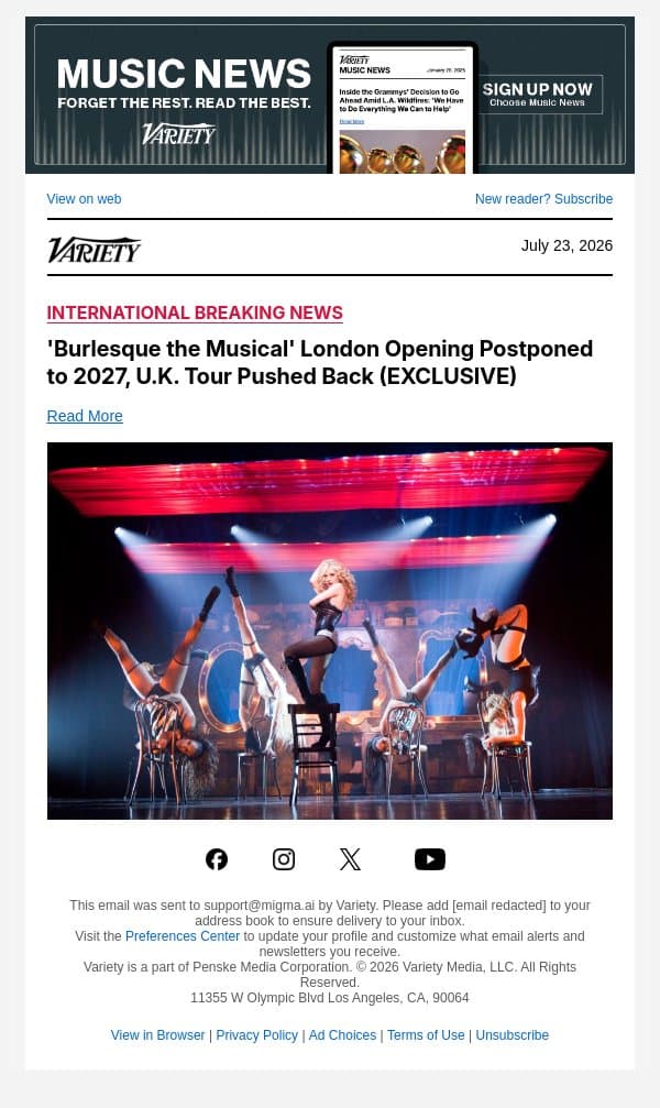 'Burlesque the Musical' London Opening Postponed to 2027, U.K. Tour Pushed Back (EXCLUSIVE) email from Variety screenshot