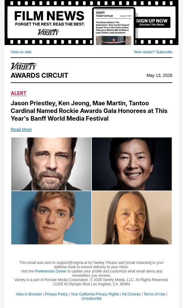 Jason Priestley, Ken Jeong, Mae Martin, Tantoo Cardinal Named Rockie Awards Gala Honorees at This Year's Banff World Media Festival email from Variety screenshot