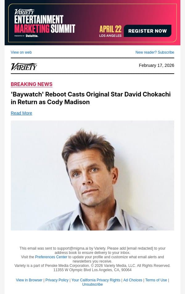 'Baywatch' Reboot Casts Original Star David Chokachi in Return as Cody Madison email from Variety screenshot