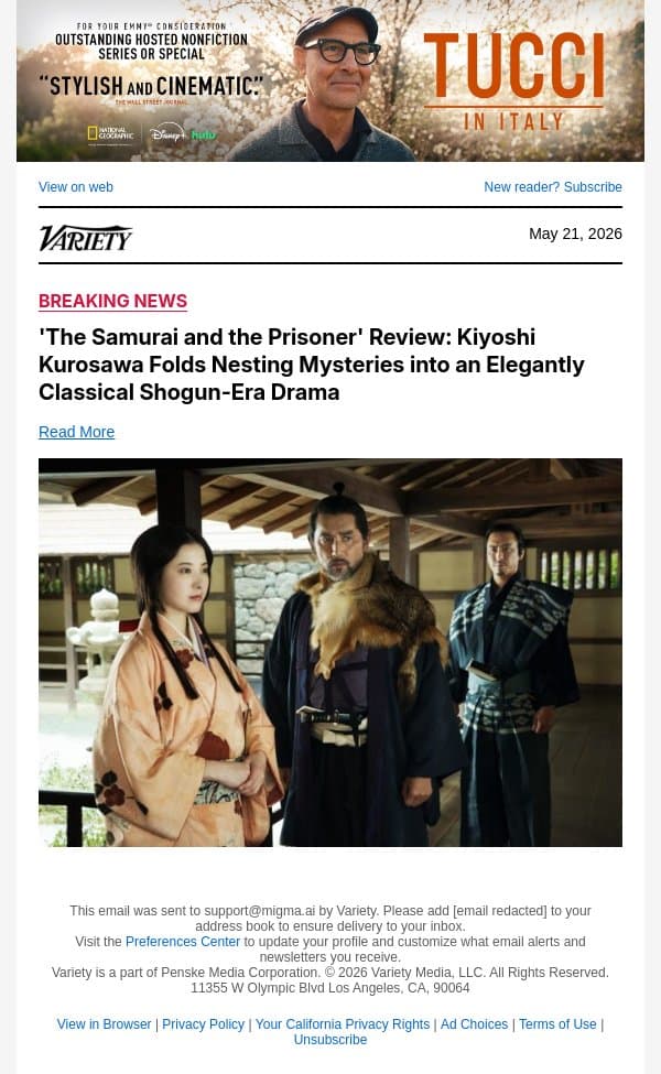 'The Samurai and the Prisoner' Review: Kiyoshi Kurosawa Folds Nesting Mysteries into an Elegantly Classical Shogun-Era Drama email from Variety screenshot