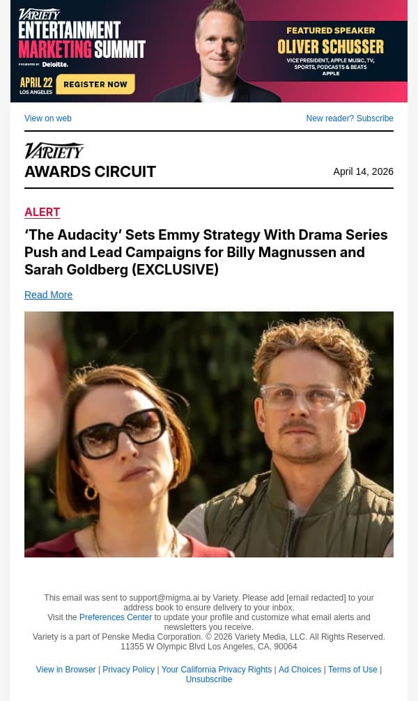 ‘The Audacity’ Sets Emmy Strategy With Drama Series Push and Lead Campaigns for Billy Magnussen and Sarah Goldberg (EXCLUSIVE) email from Variety screenshot