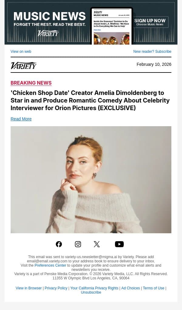 'Chicken Shop Date' Creator Amelia Dimoldenberg to Star in and Produce Romantic Comedy About Celebrity Interviewer for Orion Pictures (EXCLUSIVE) email from Variety screenshot