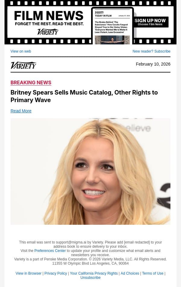 Britney Spears Sells Music Catalog, Other Rights to Primary Wave email from Variety screenshot
