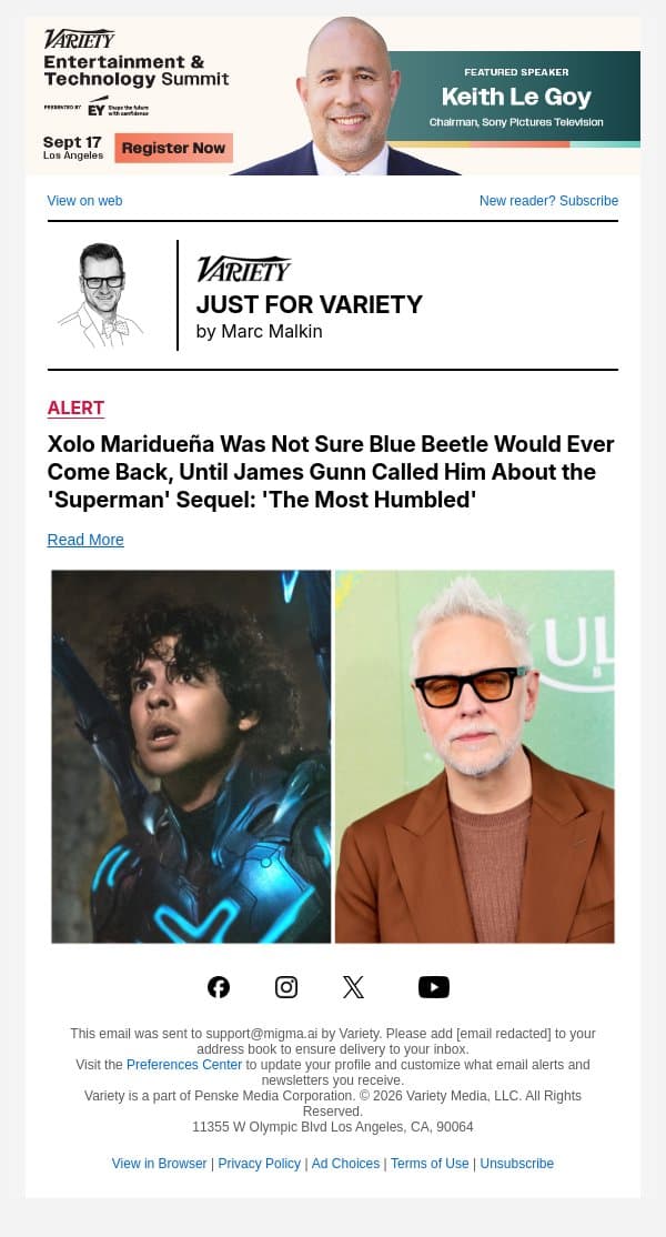 Xolo Maridueña Was Not Sure Blue Beetle Would Ever Come Back, Until James Gunn Called Him About the 'Superman' Sequel: 'The Most Humbled' email from Variety screenshot