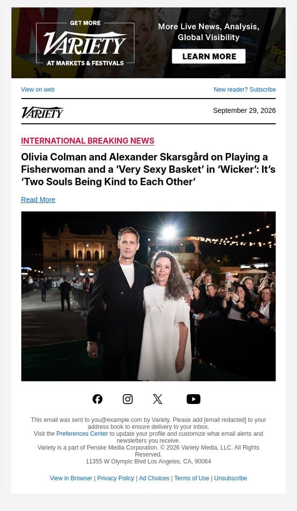 Olivia Colman and Alexander Skarsgård on Playing a Fisherwoman and a ‘Very Sexy Basket’ in ‘Wicker’: It’s ‘Two Souls Being Kind to Each Other’ email from Variety screenshot