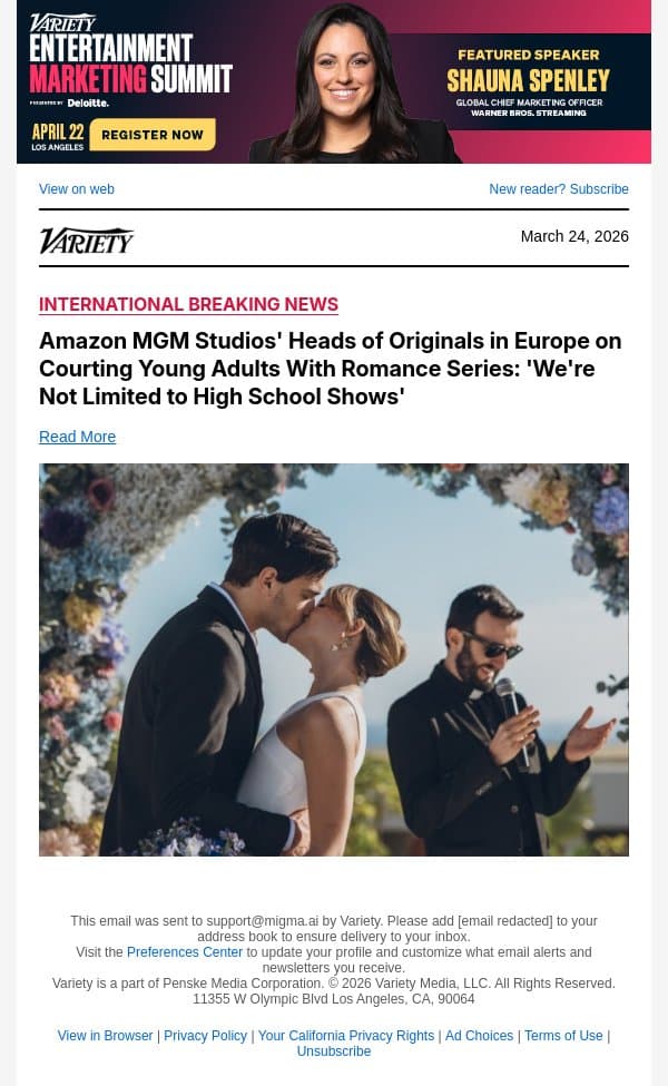 Amazon MGM Studios' Heads of Originals in Europe on Courting Young Adults With Romance Series: 'We're Not Limited to High School Shows' email from Variety screenshot