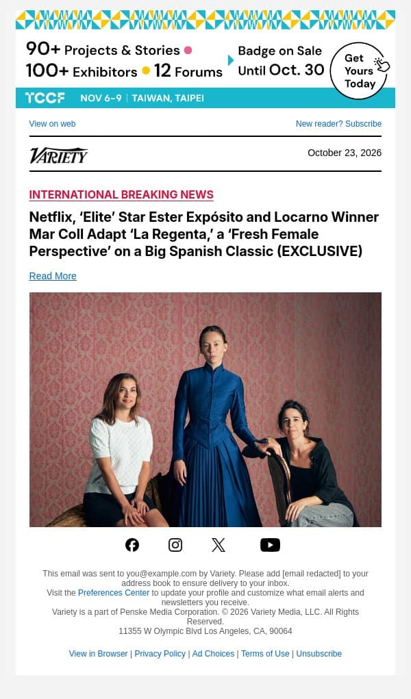 Netflix, ‘Elite’ Star Ester Expósito and Locarno Winner Mar Coll Adapt ‘La Regenta,’ a ‘Fresh Female Perspective’ on a Big Spanish Classic (EXCLUSIVE) email from Variety screenshot