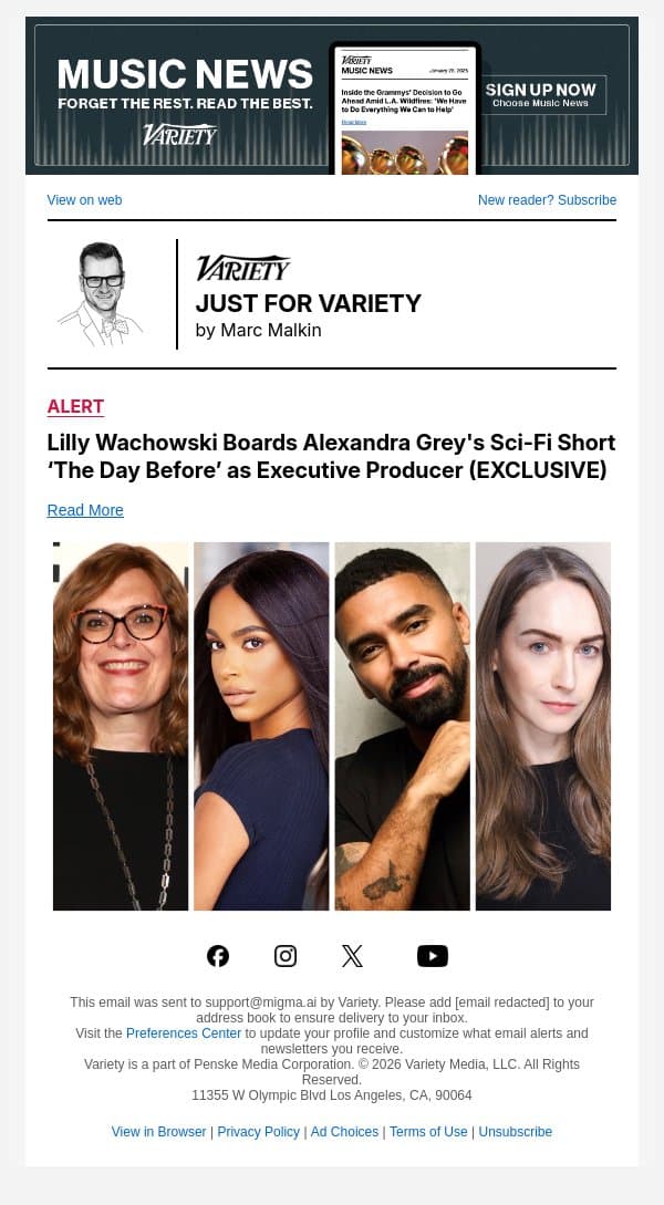 Lilly Wachowski Boards Alexandra Grey's Sci-Fi Short ‘The Day Before’ as Executive Producer (EXCLUSIVE) email from Variety screenshot