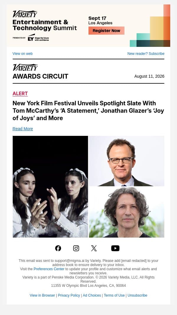 New York Film Festival Unveils Spotlight Slate With Tom McCarthy’s ‘A Statement,’ Jonathan Glazer’s ‘Joy of Joys’ and More email from Variety screenshot