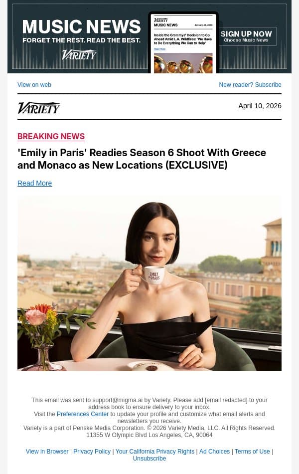 'Emily in Paris' Readies Season 6 Shoot With Greece and Monaco as New Locations (EXCLUSIVE) email from Variety screenshot