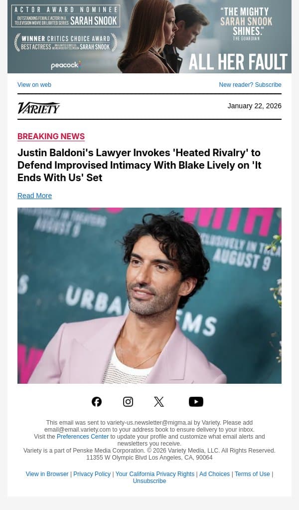 Justin Baldoni's Lawyer Invokes 'Heated Rivalry' to Defend Improvised Intimacy With Blake Lively on 'It Ends With Us' Set email from Variety screenshot