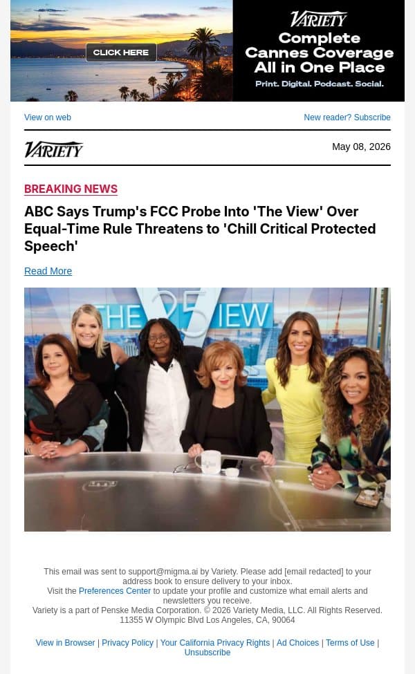 ABC Says Trump's FCC Probe Into 'The View' Over Equal-Time Rule Threatens to 'Chill Critical Protected Speech' email from Variety screenshot
