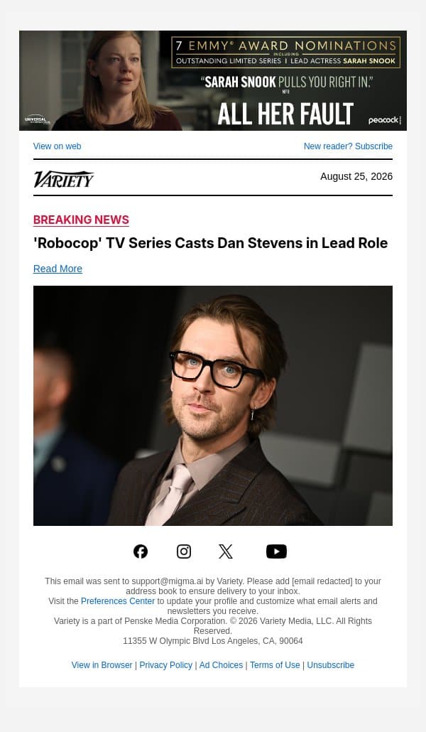 'Robocop' TV Series Casts Dan Stevens in Lead Role email from Variety screenshot