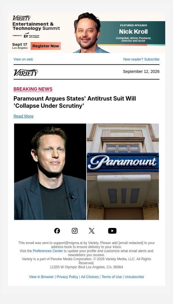 Paramount Argues States' Antitrust Suit Will 'Collapse Under Scrutiny' email from Variety screenshot