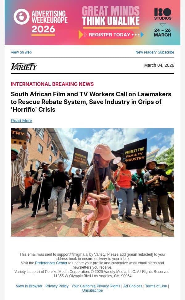 South African Film and TV Workers Call on Lawmakers to Rescue Rebate System, Save Industry in Grips of 'Horrific' Crisis email from Variety screenshot