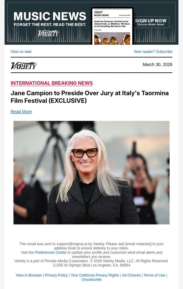 Jane Campion to Preside Over Jury at Italy's Taormina Film Festival (EXCLUSIVE) email from Variety screenshot