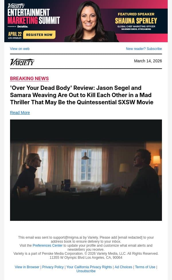 'Over Your Dead Body' Review: Jason Segel and Samara Weaving Are Out to Kill Each Other in a Mad Thriller That May Be the Quintessential SXSW Movie email from Variety screenshot