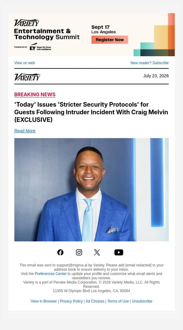 'Today' Issues 'Stricter Security Protocols' for Guests Following Intruder Incident With Craig Melvin (EXCLUSIVE) email from Variety screenshot