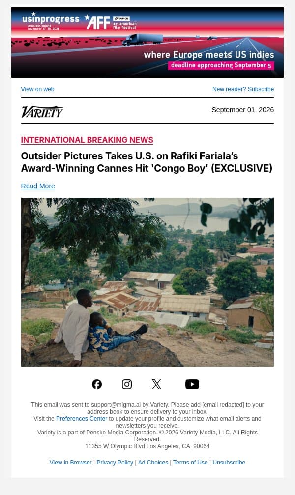 Outsider Pictures Takes U.S. on Rafiki Fariala’s Award-Winning Cannes Hit 'Congo Boy' (EXCLUSIVE) email from Variety screenshot
