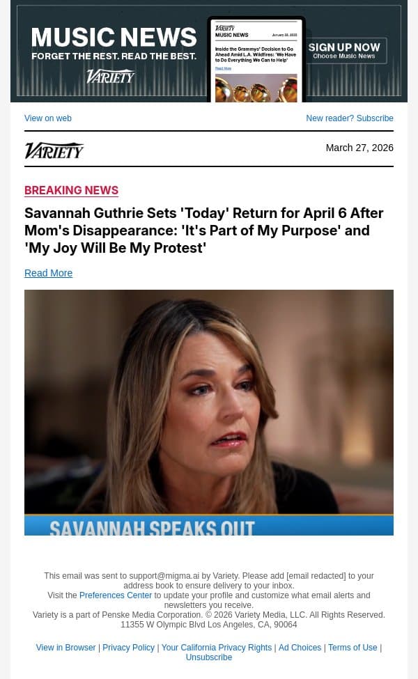 Savannah Guthrie Sets 'Today' Return for April 6 After Mom's Disappearance: 'It's Part of My Purpose' and 'My Joy Will Be My Protest' email from Variety screenshot