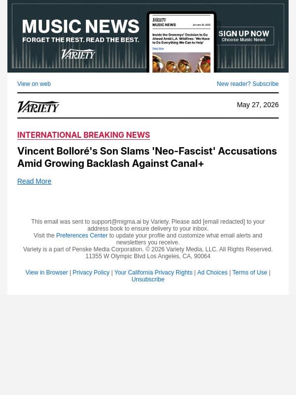 Vincent Bolloré's Son Slams 'Neo-Fascist' Accusations Amid Growing Backlash Against Canal+ email from Variety screenshot